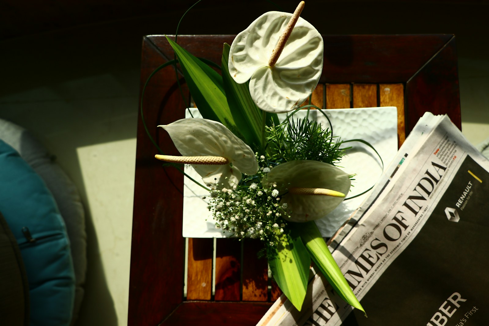 flat lay photography of lace-leaf flower beside newspaper