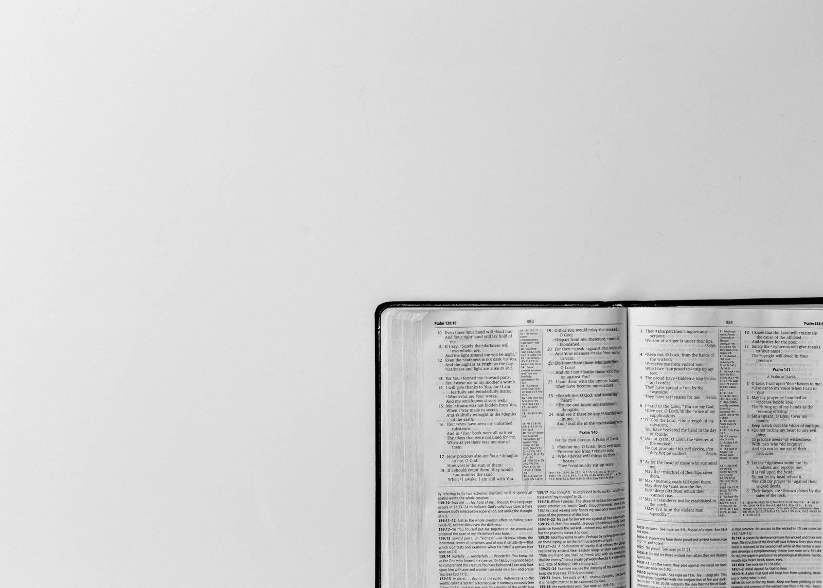 An open book with columns of printed text on a white surface