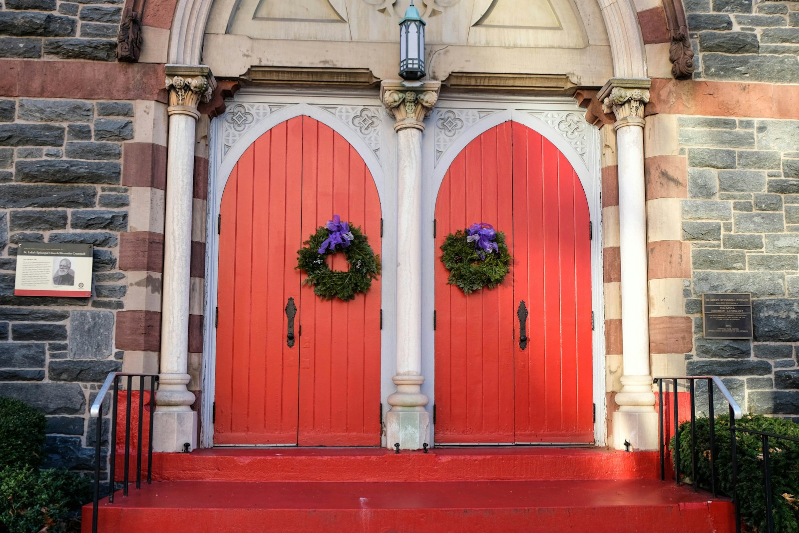red wooden door with green plant on top