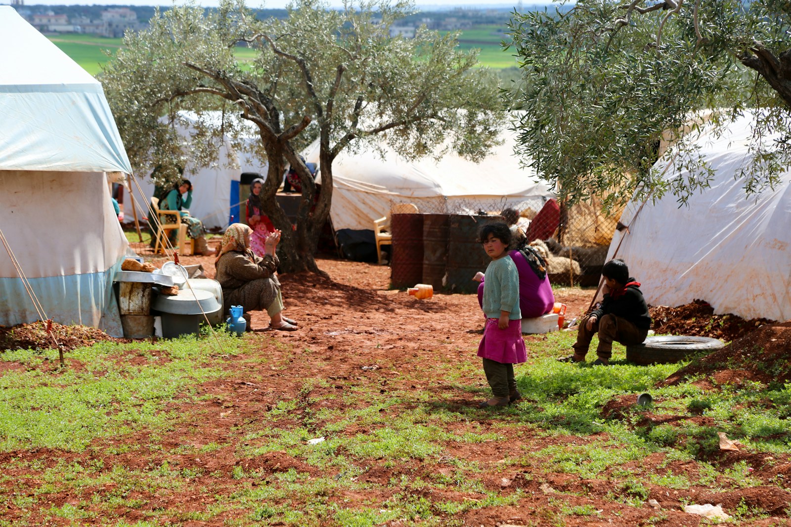 A group of people standing in a field next to tents