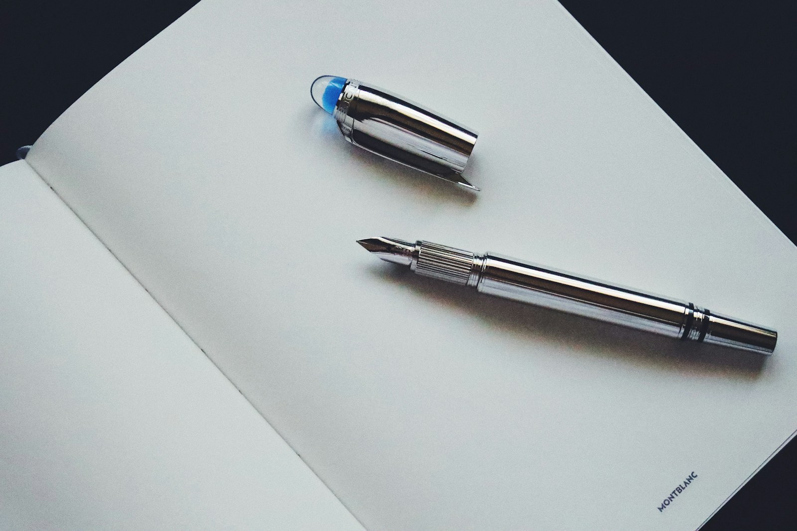 silver and blue click pen