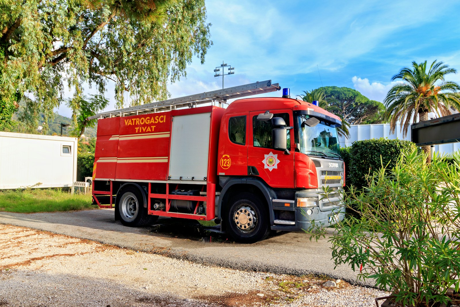 Red fire truck parked outdoors near trees