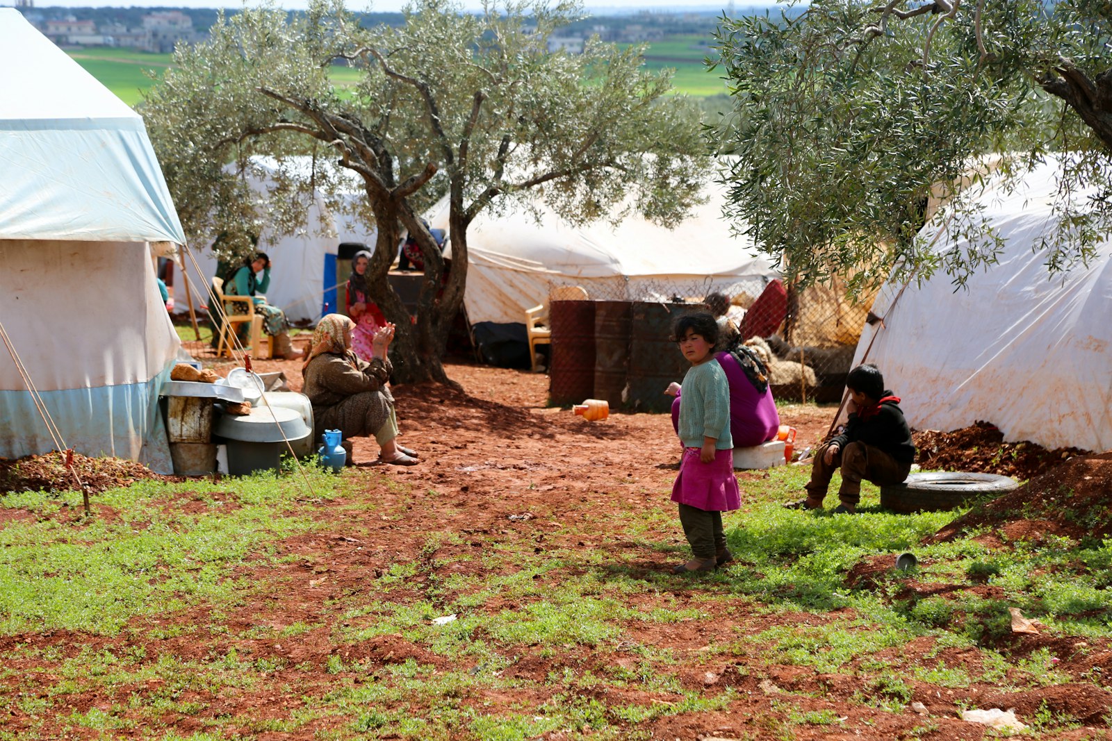 A group of people standing in a field next to tents