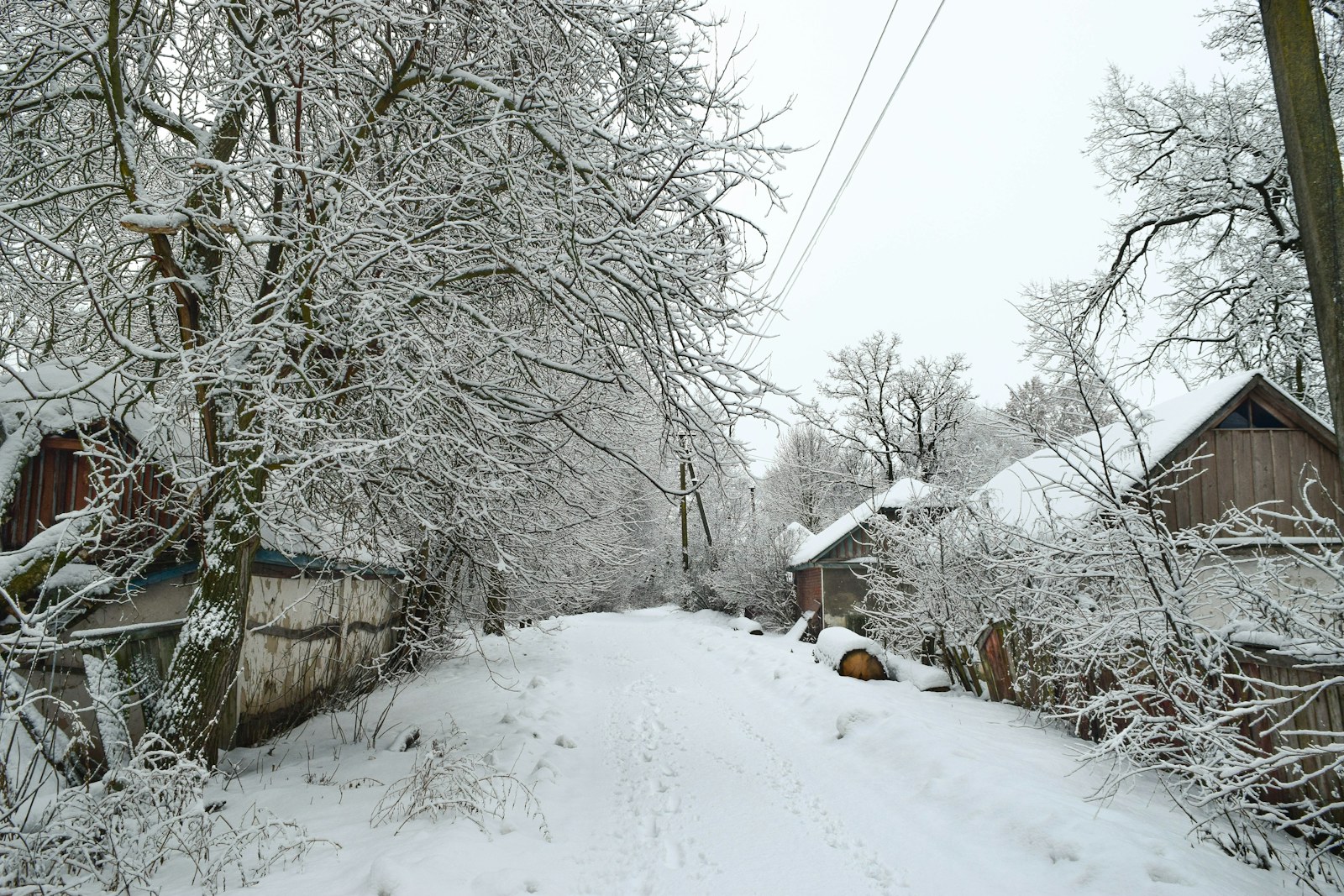 Snow-covered road leads through a village