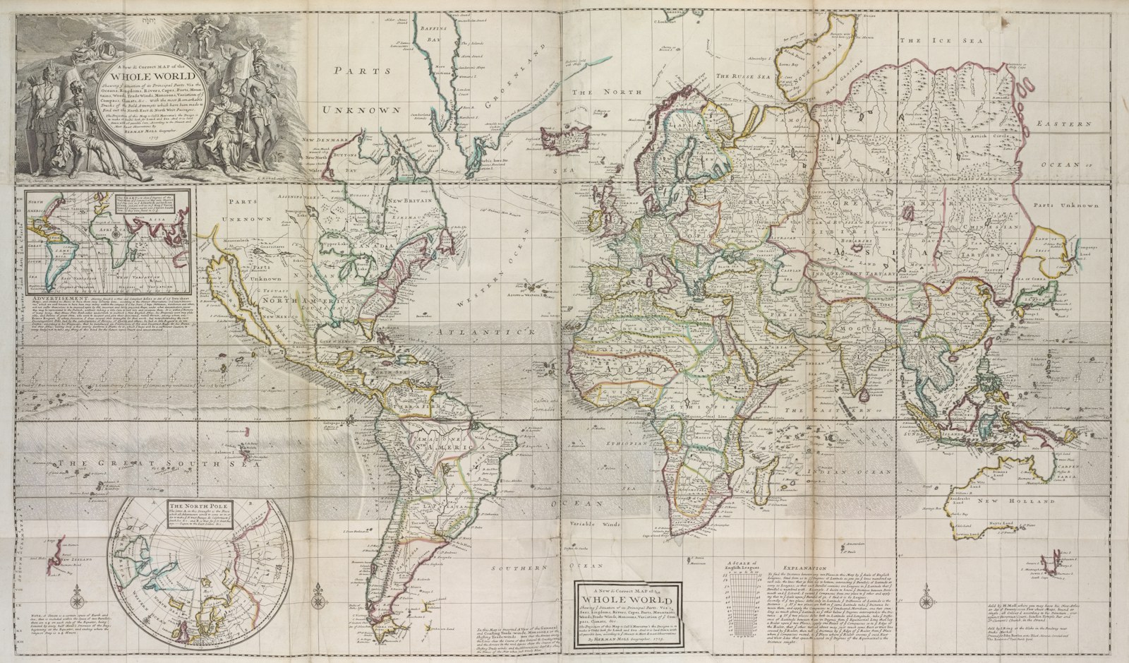 An antique world map showing continents and oceans